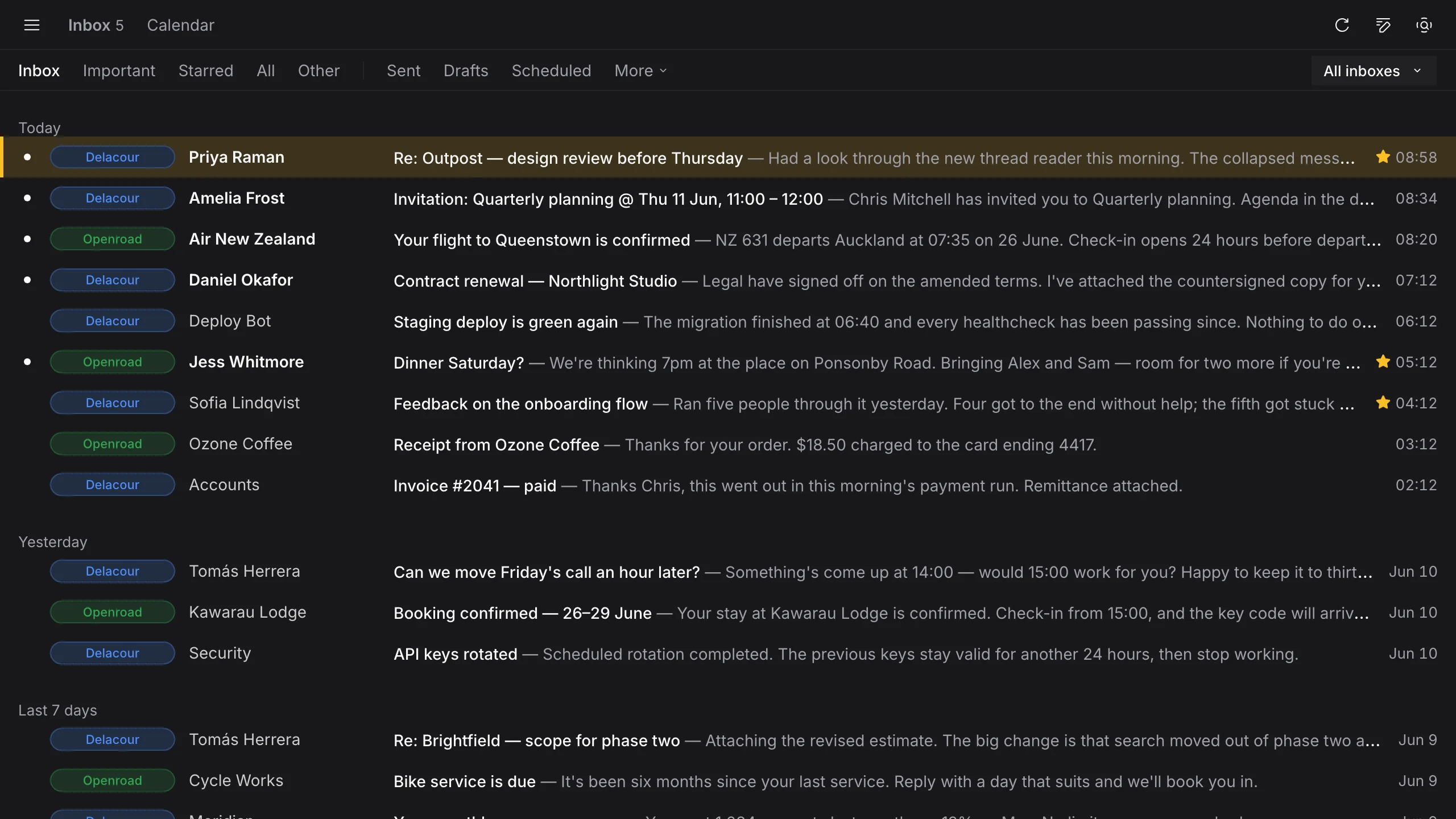 Outpost unified inbox showing mail from two accounts, colour-coded and grouped by date